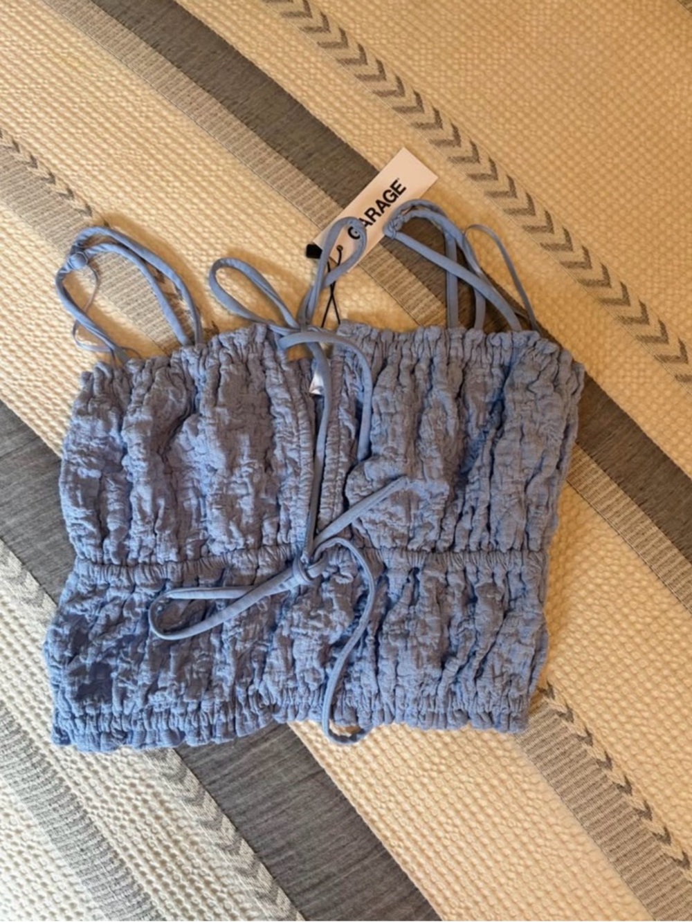 Garage Light Blue Smocked Crop Top with Tie Straps - Picture 2 of 4